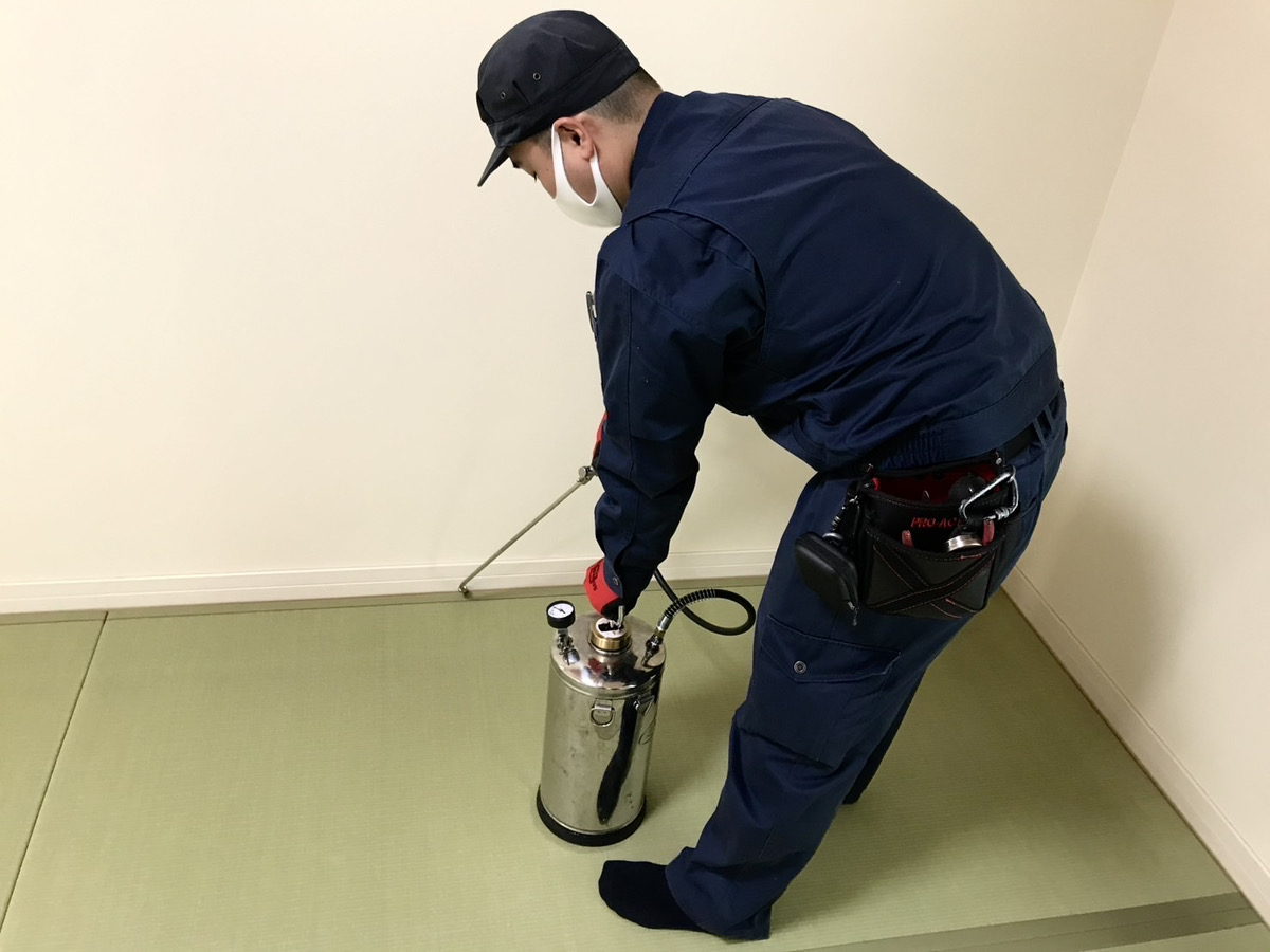 業務用厨房で害虫駆除のスプレーを使用している様子。